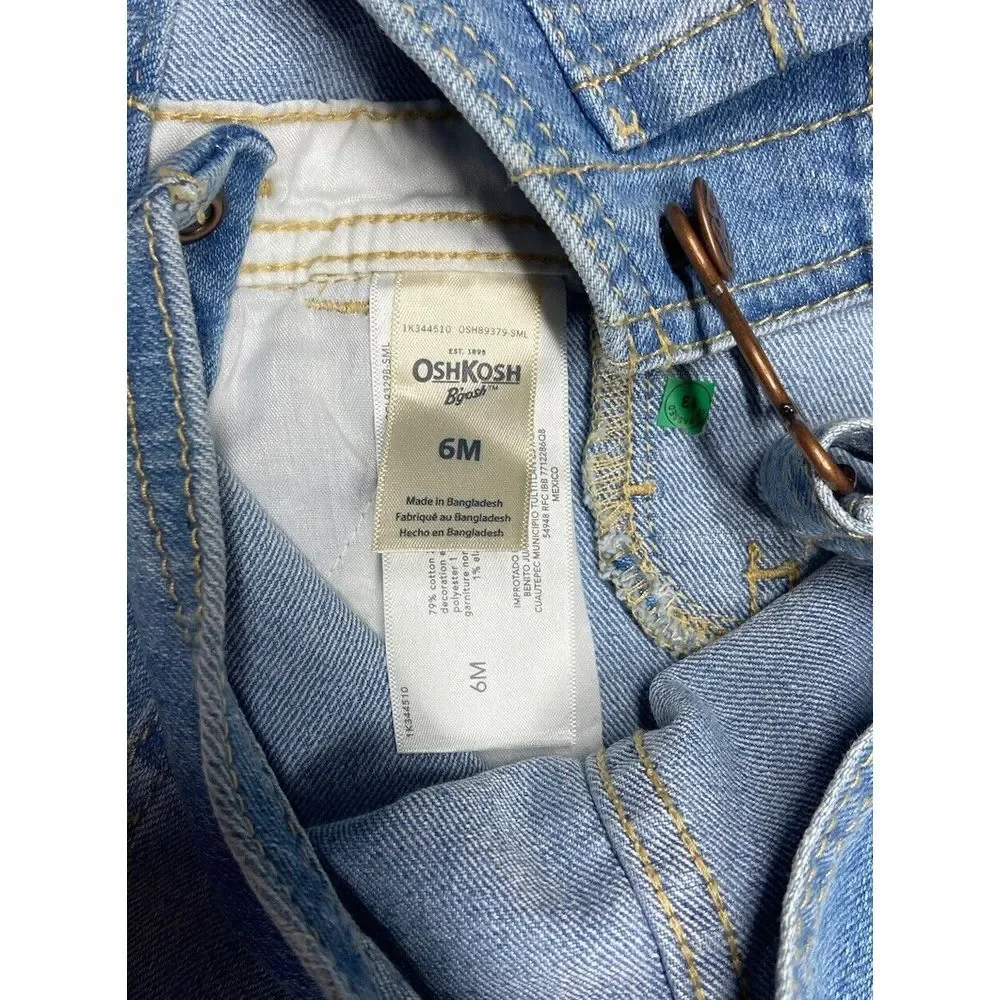 Oshkosh B'Gosh Girls‎ 6M Jean Short Overalls V-Back Floral Embroidery Light Blue